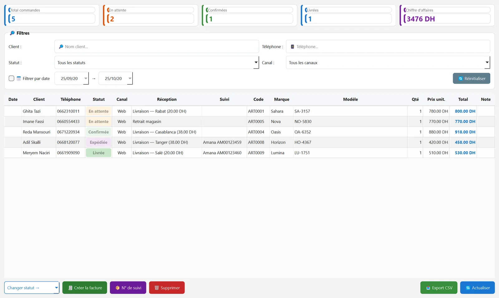 Commandes de la boutique en ligne reçues dans le logiciel, avec leur statut et les boutons pour créer la facture et saisir le suivi