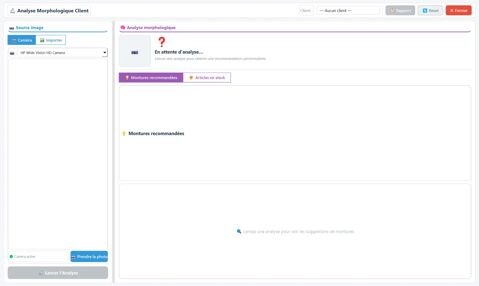 Analyse morphologique d'un client : source image par caméra ou import, montures recommandées et articles en stock