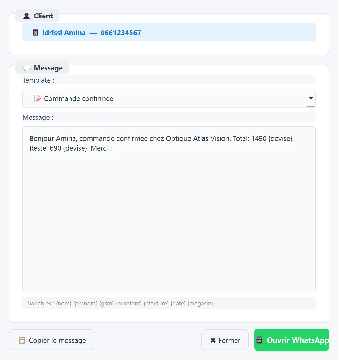 Envoi d'un message WhatsApp au client : modèle de message prêt, copie du message et bouton Ouvrir WhatsApp