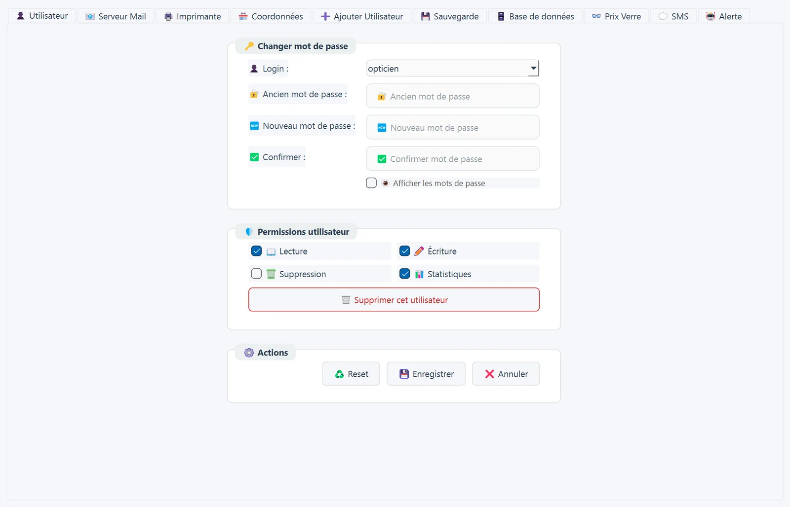 Paramètres des utilisateurs : mot de passe et permissions lecture, écriture, suppression et statistiques