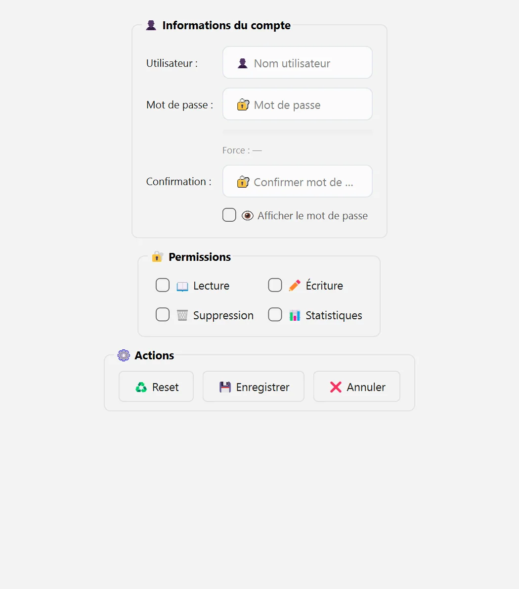 Création d'un utilisateur : nom, mot de passe et permissions