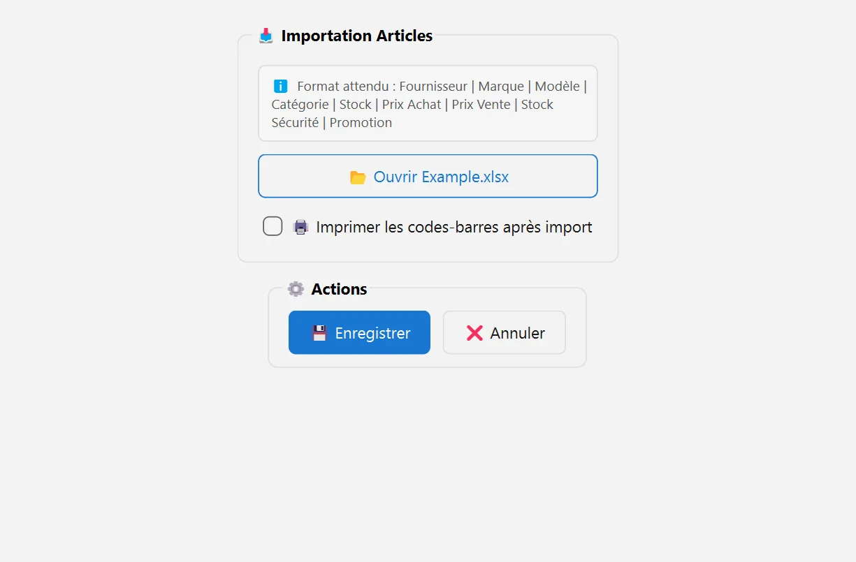 Import des articles depuis Excel : format de colonnes attendu, ouverture du fichier et impression des codes-barres après import