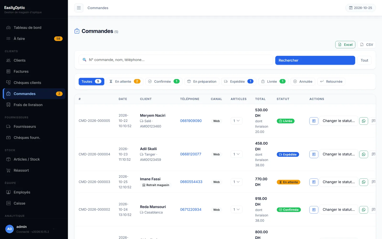 Administration web, commandes : liste des commandes de la boutique avec statuts et actions
