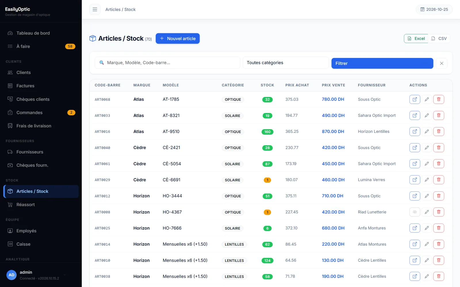 Administration web, articles et stock : liste des articles avec prix, stock et fournisseur