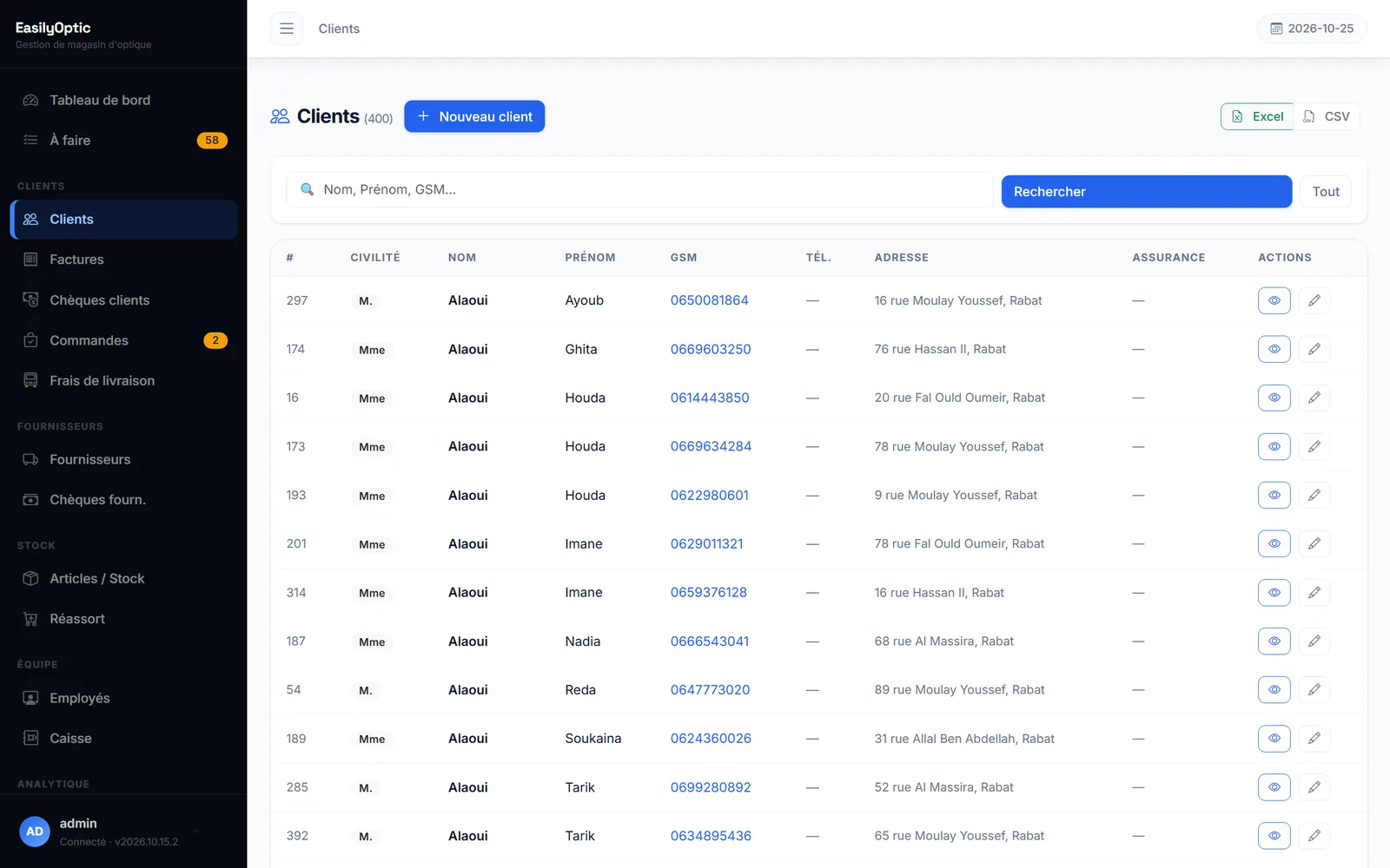 Administration web, patients : liste des clients avec coordonnées