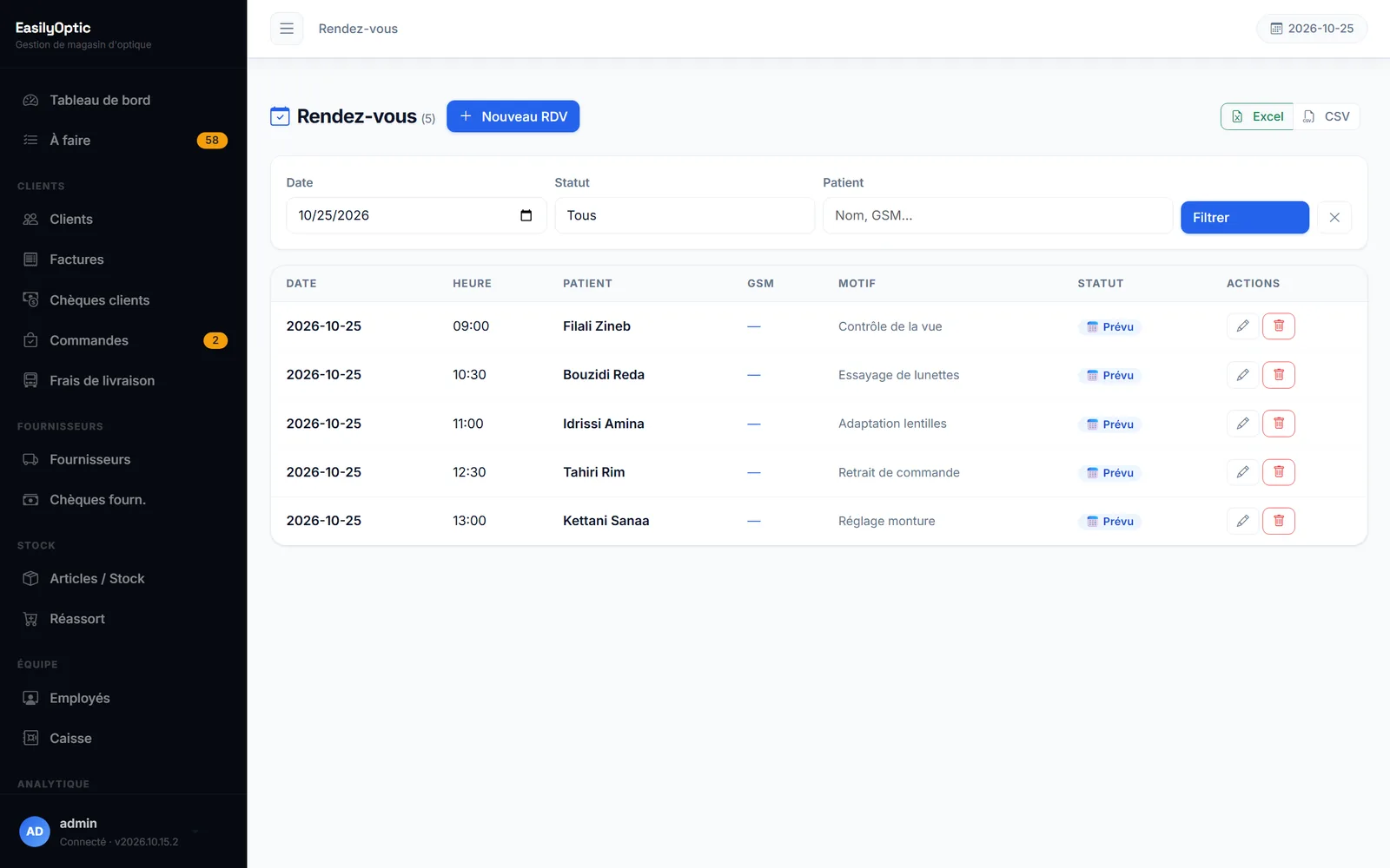 Administration web, rendez-vous : liste des rendez-vous avec patient, motif et statut