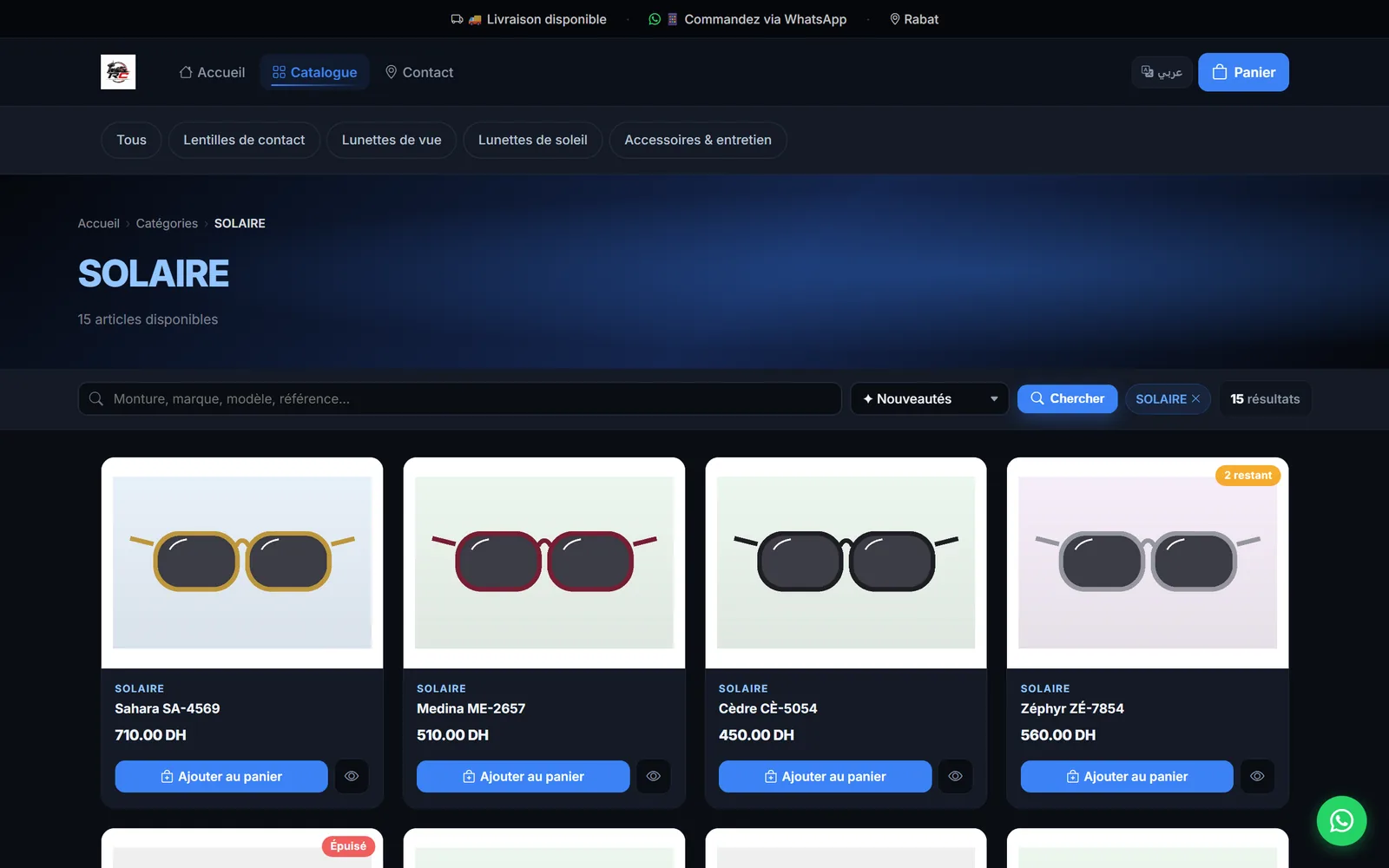 Boutique en ligne, page des lunettes de soleil avec recherche et cartes produits